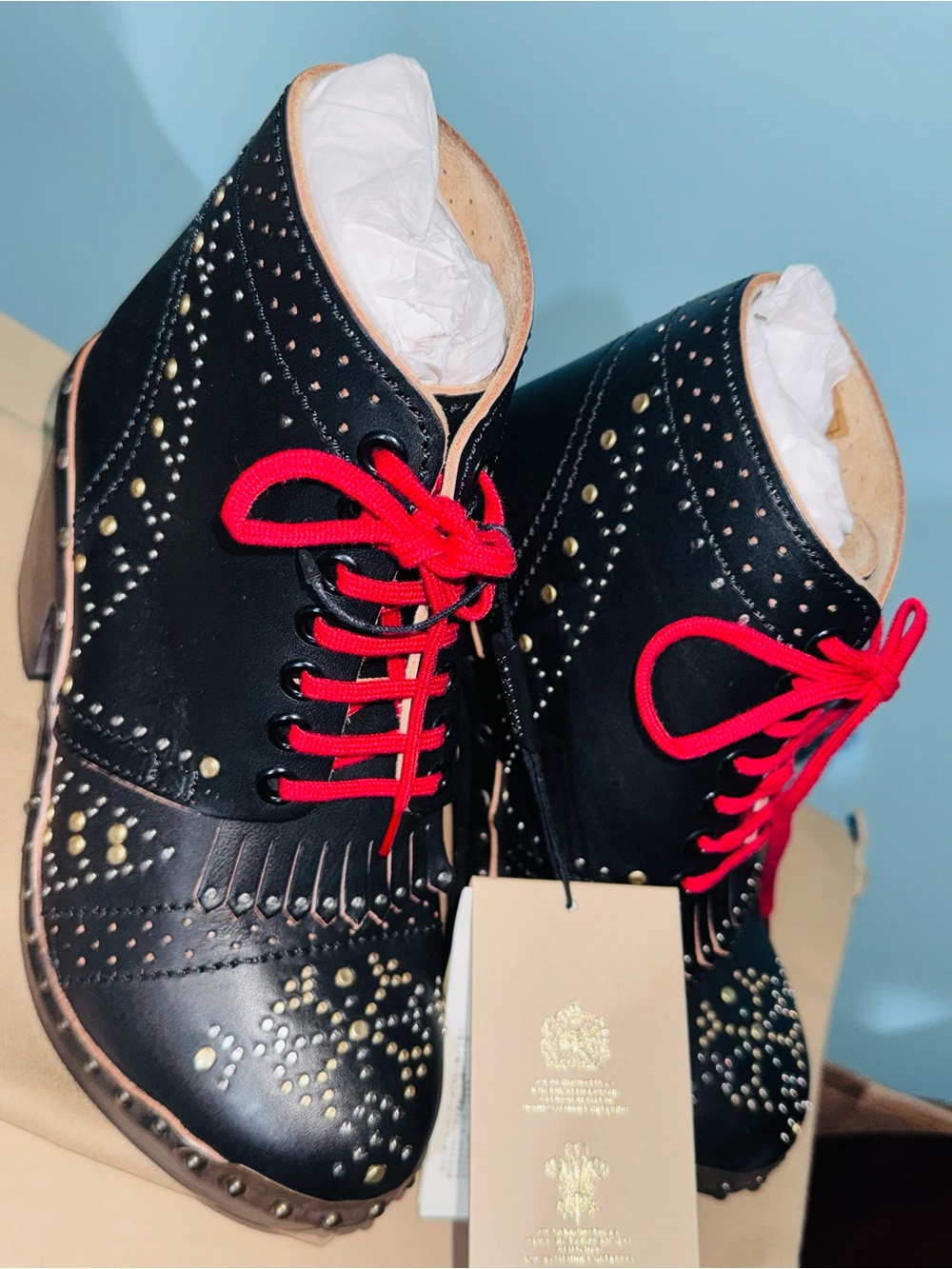 Burberry Black Leather Women's Lace-Up Brogue Boots with Red Laces